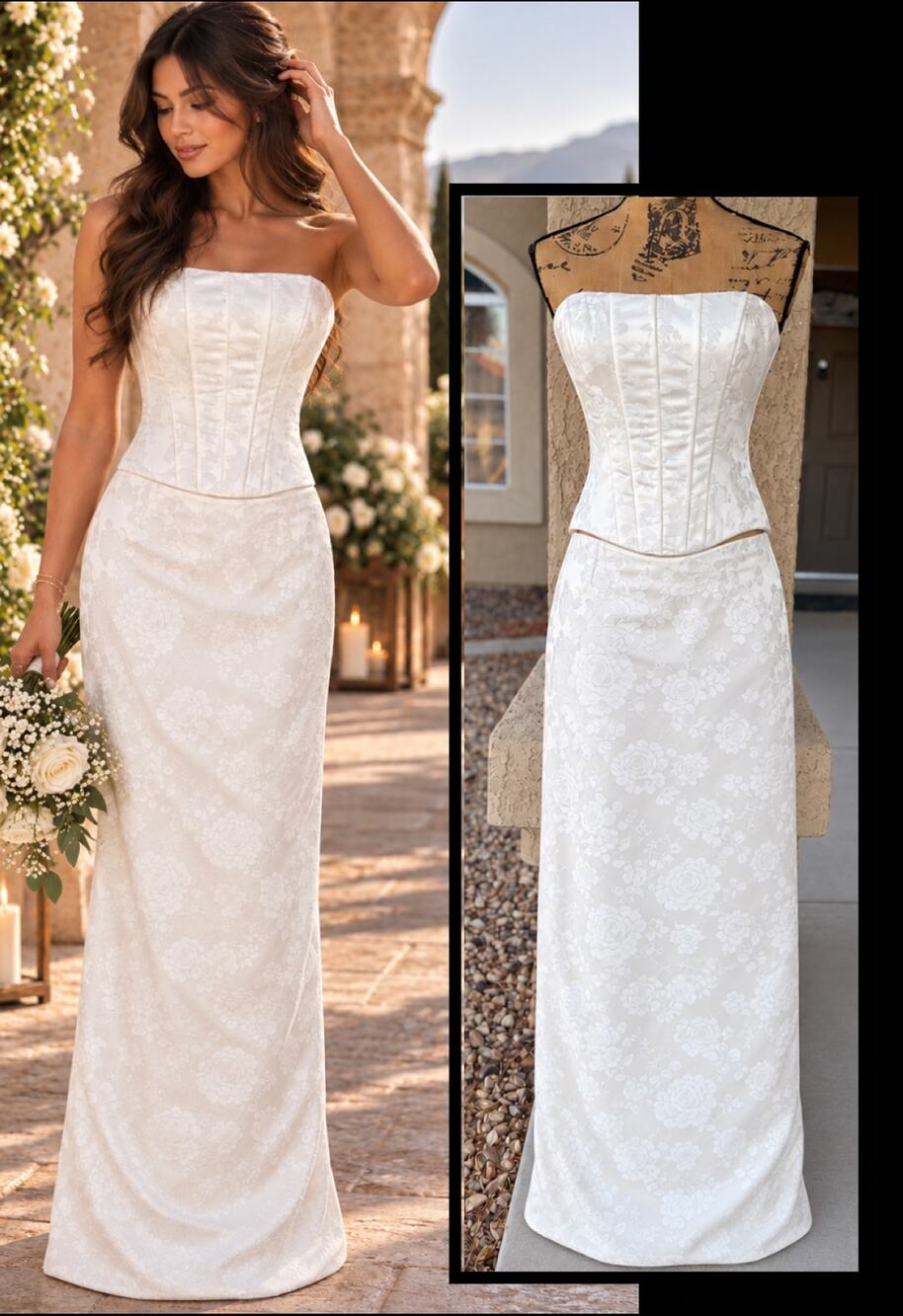 Lulus Melva White Satin Bridal Jacquard Two-Piece Bustier Maxi Dress Size M